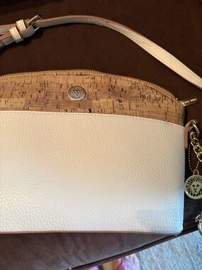 Anne Klein Cream Pebbled Leather Crossbody with Cork Trim and Gold Charm